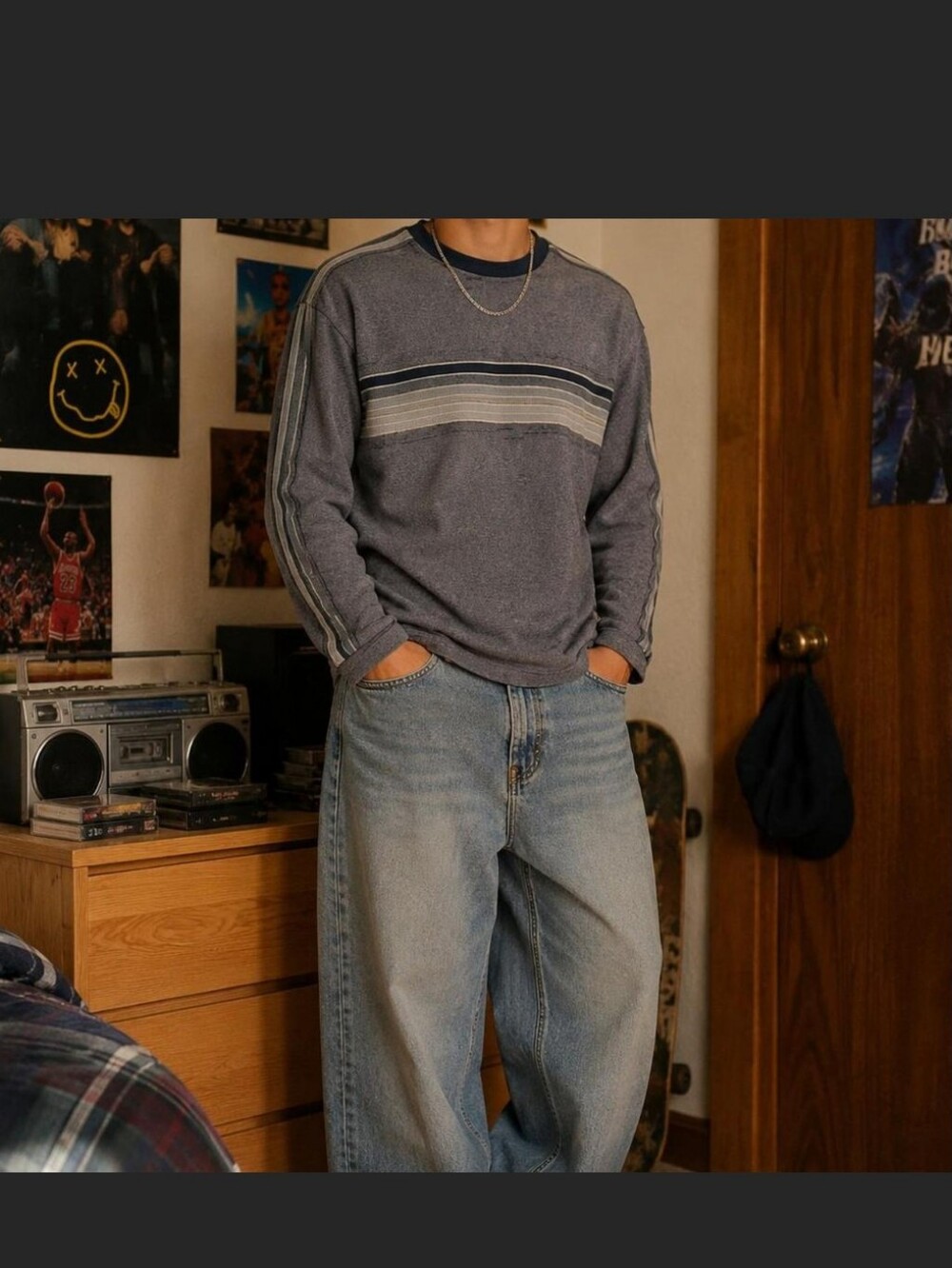 90's Vintage Tag Rag Heather Blue Striped Long Sleeve Tee Mens Medium